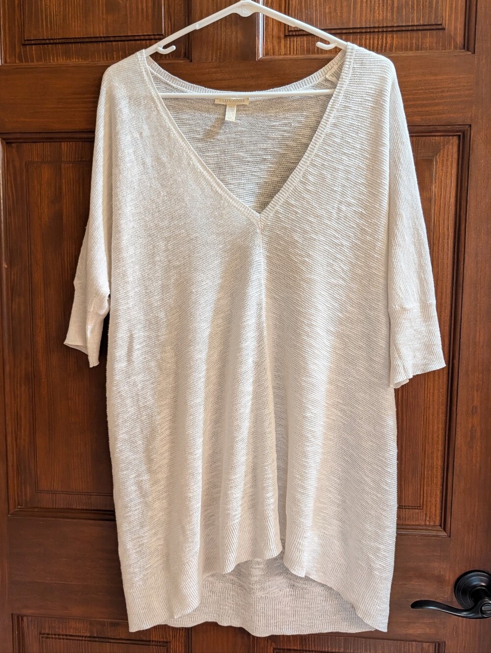 EILEEN FISHER Short Sleeve Sweater S Organic Linen Cotton Slub Tunic White Beach